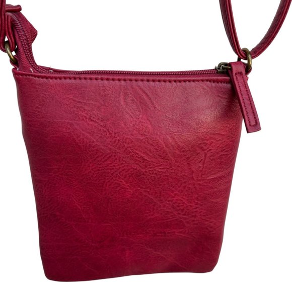 Red Crossbody Bag With Gold Floral Cutouts Adjustable Strap 7" X 8" Outer Zip Po - Picture 4 of 7